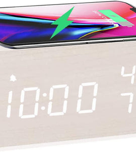 Wooden Digital Alarm Clock with Wireless Charging, 3 Alarms LED Display