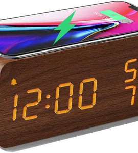 Wooden Digital Alarm Clock with Wireless Charging, 3 Alarms LED Display