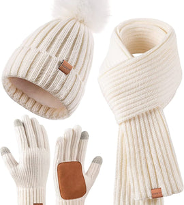 Womens Beanie with Pom Pom Long Scarf Neck Warmer Touchscreen Gloves 3 in 1 Set