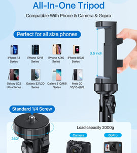 Tripod for iPhone with Bluetooth Remote, Extendable Cell Phone Tripod Stand