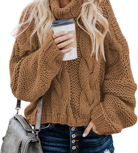 Women's Turtle Cowl Neck Solid Color Soft Comfy Cable Knit Pullover Sweaters