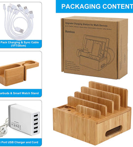 Charging Station for Multiple Devices (Included 5 Port USB Charger, 5 Pack Cables, SmartWatch & Earbuds Stand)