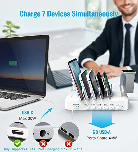 Charging Station for Multiple Devices Apple, 70W 7 Port USB C Charging Station with 30W PD Charger Port