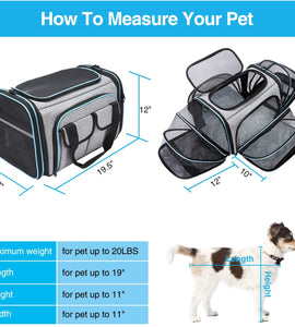 Large Soft Sided Pet Travel TSA Carrier  with Removable Fleece Pad and Pockets for Cats Dogs