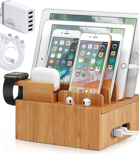 Charging Station for Multiple Devices (Included 5 Port USB Charger, 5 Pack Cables, SmartWatch & Earbuds Stand)