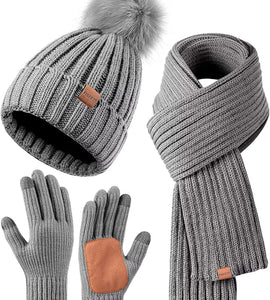 Womens Beanie with Pom Pom Long Scarf Neck Warmer Touchscreen Gloves 3 in 1 Set