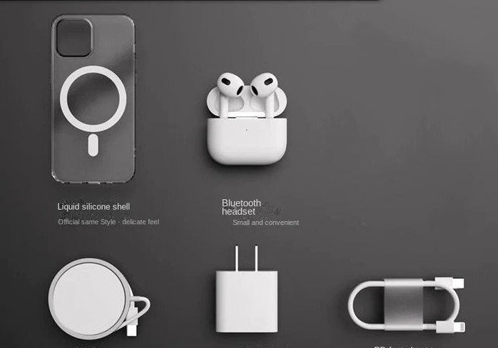 5pcs Apple Gift Box include ( 35W PD Charging Head, Back Cover, Wireless charger, Charging Cable & Bluetooth Earbuds )