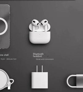5pcs Apple Gift Box include ( 20W PD Charging Head, Back Cover, Wireless charger, Charging Cable & Bluetooth Earbuds )