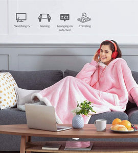 Hoodie Sherpa Wearable Blanket Sweatshirt with Deep Pockets and Sleeves