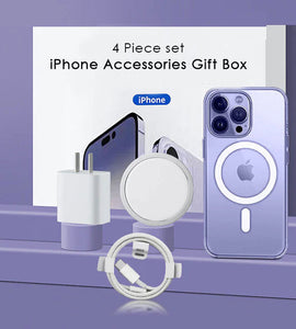 4pcs Apple Gift Box include ( 20W PD Charging Head, Back Cover, Wireless charger & Charging Cable)